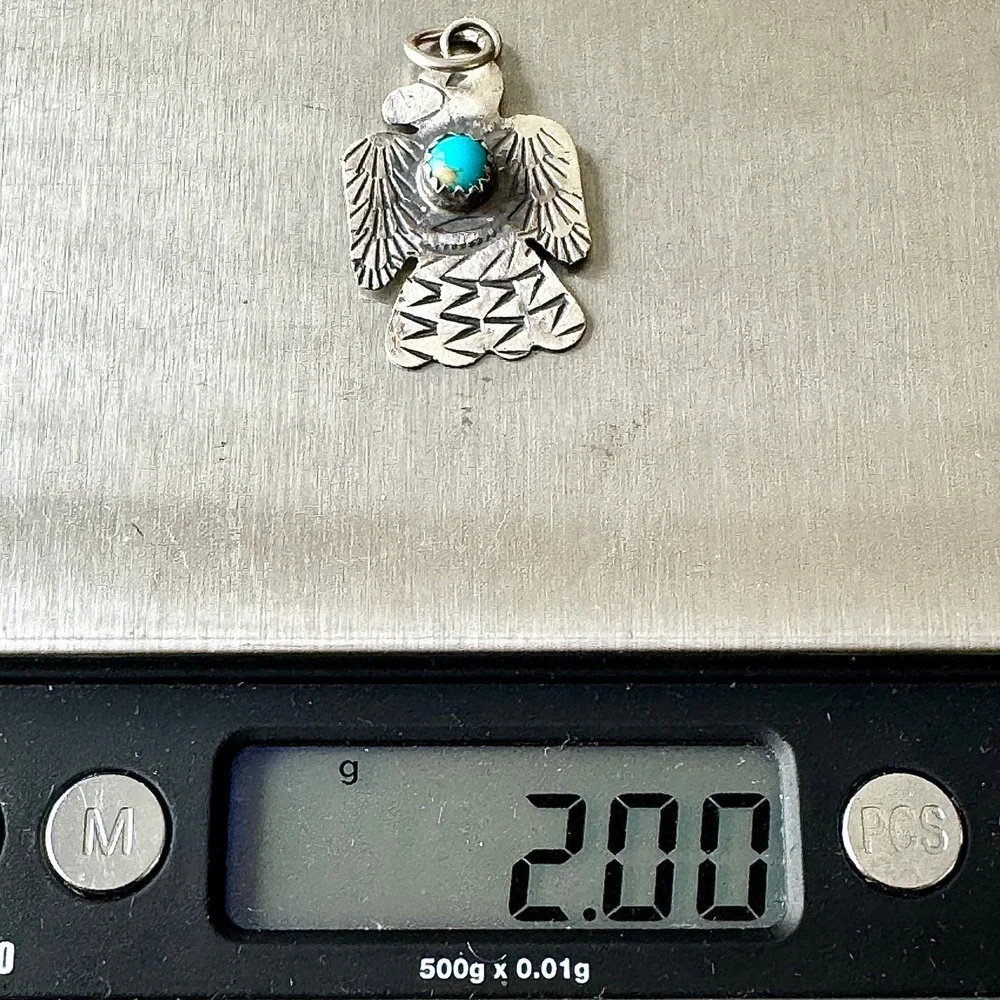 Navajo Thunderbird Pendant Turquoise 1.25in Signed Yazzie Stamped Matte Sterling